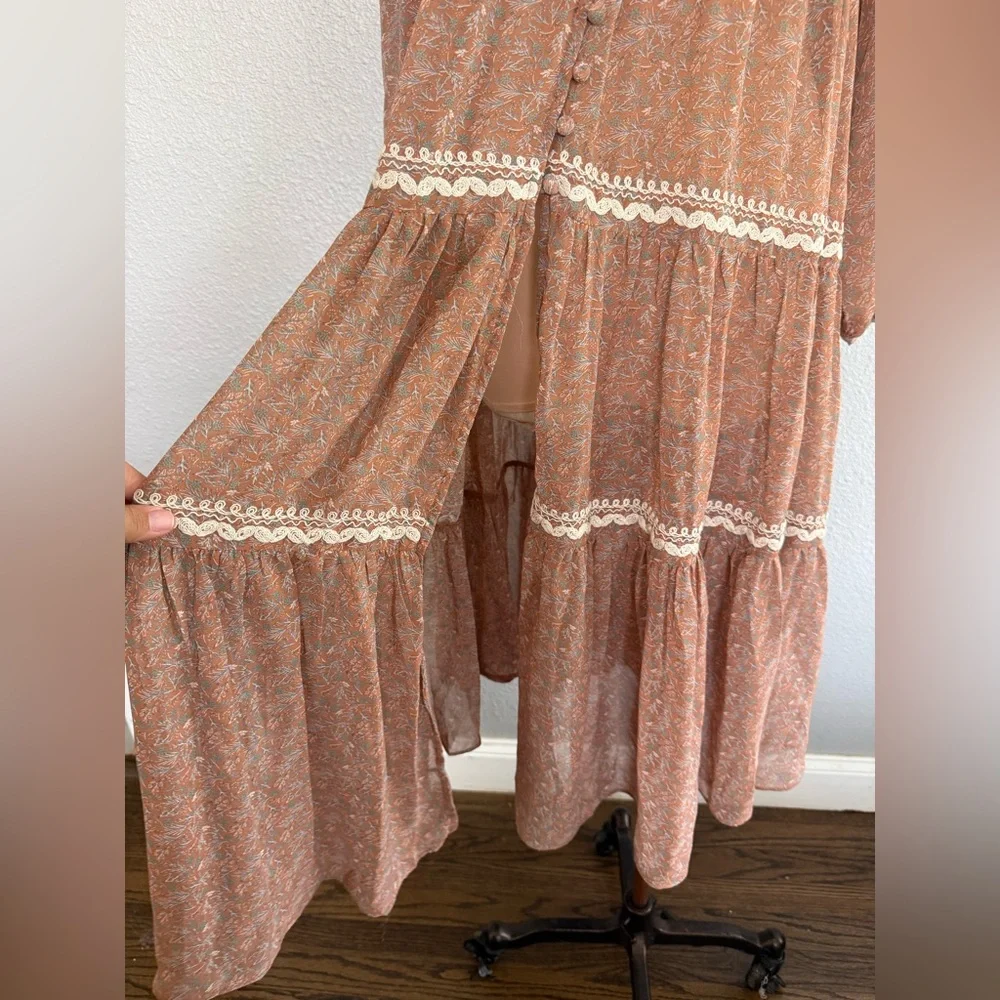 Three Bird Nest Bohemian Floral Lace Trim Maxi Dress - Dusty Rose Size Small - Picture 3 of 9